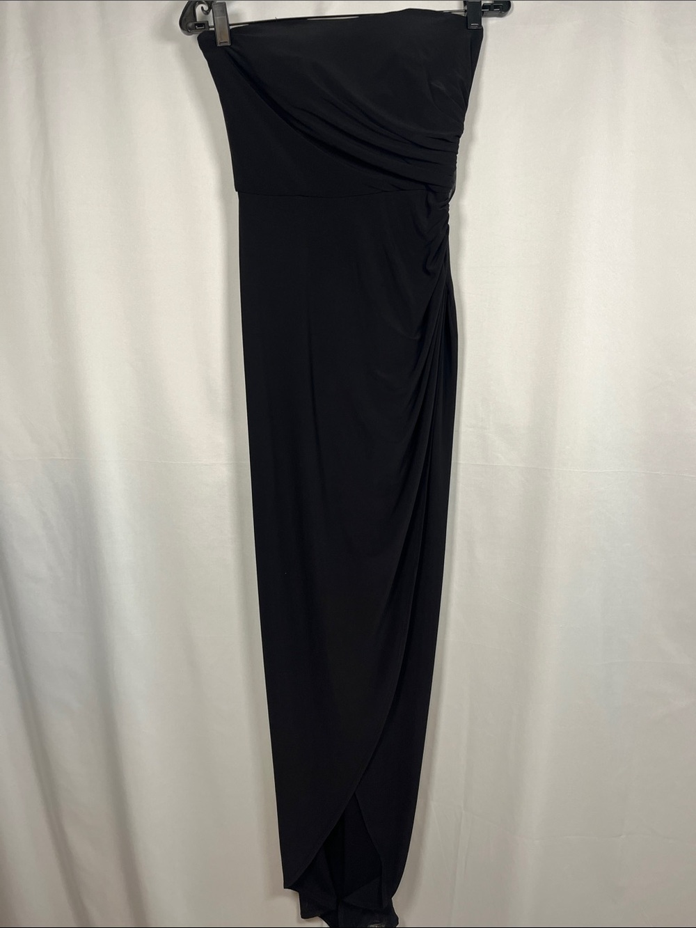La femme black strapless jersey ruched gown side slit cocktail formal sz 4 - Picture 3 of 9